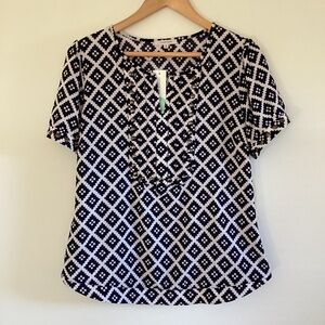 41 Hawthorn Moni Studded Geo Print Black/Off White Top Blouse Sz M Short Sleeve